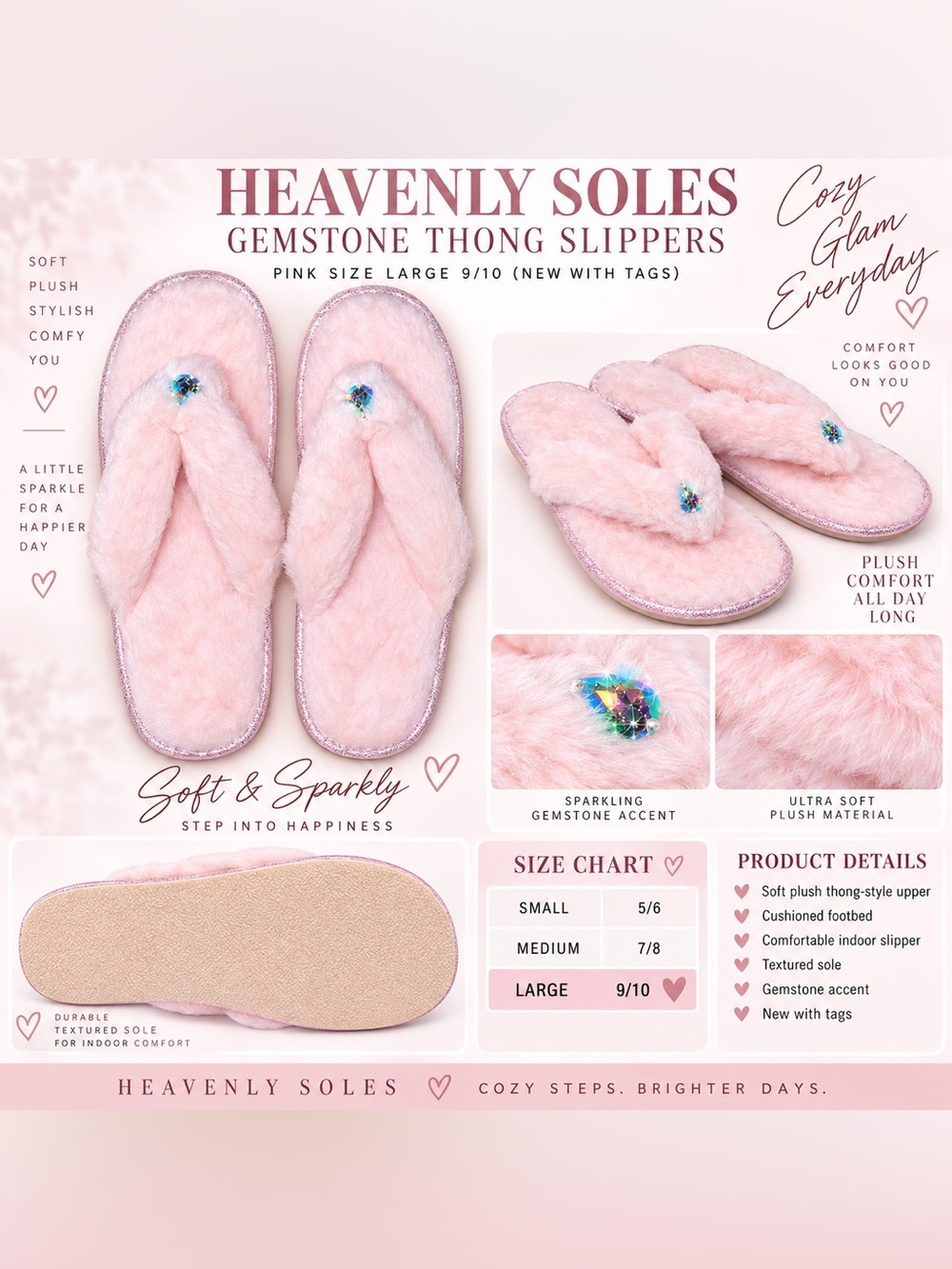 HEAVENLY SOLES GEMSTONE THONG SLIPPERS – PINK SIZE LARGE 9/10 (NEW WITH TAGS) B9